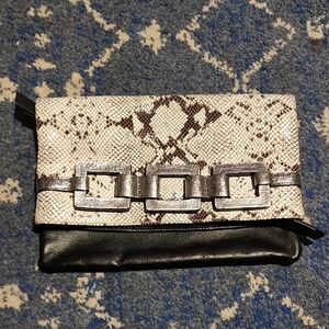 Trina Turk Purse Handbag Clutch Leather Snakeskin Black Statement
